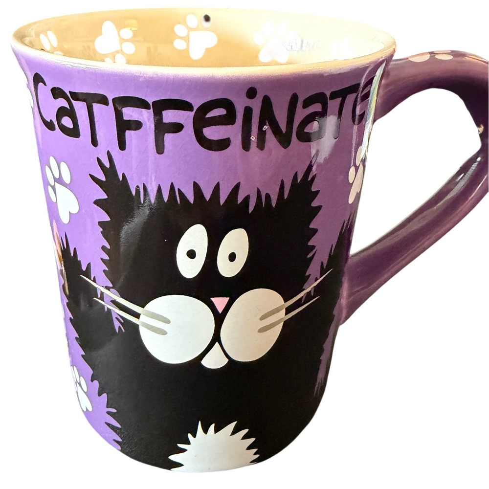Catffeinated Decatf Mug Our Name is‎ Mud Purple Cat Theme Excell my